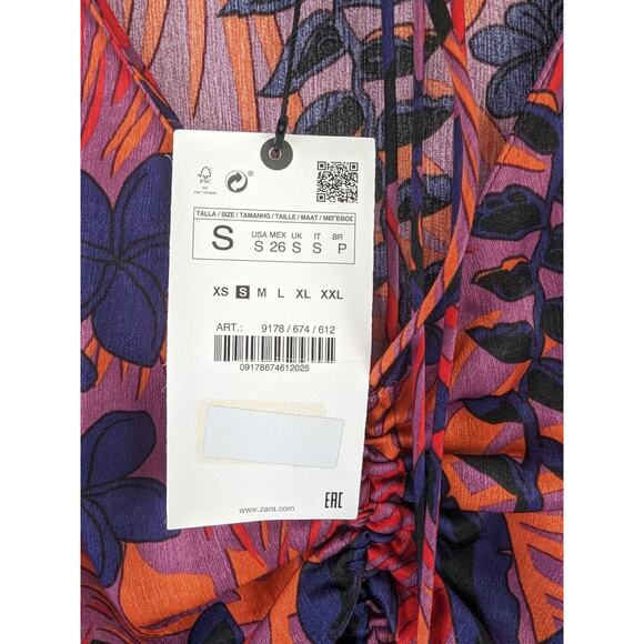 ZARA Floral Print Mini Dress Size Small Tropical Long Sleeve Relaxed Ruching New - Picture 5 of 9